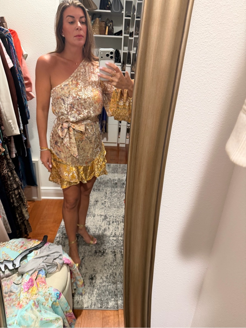 HEMANT & NANDITA Gold One-Shoulder Floral Mini Dress
